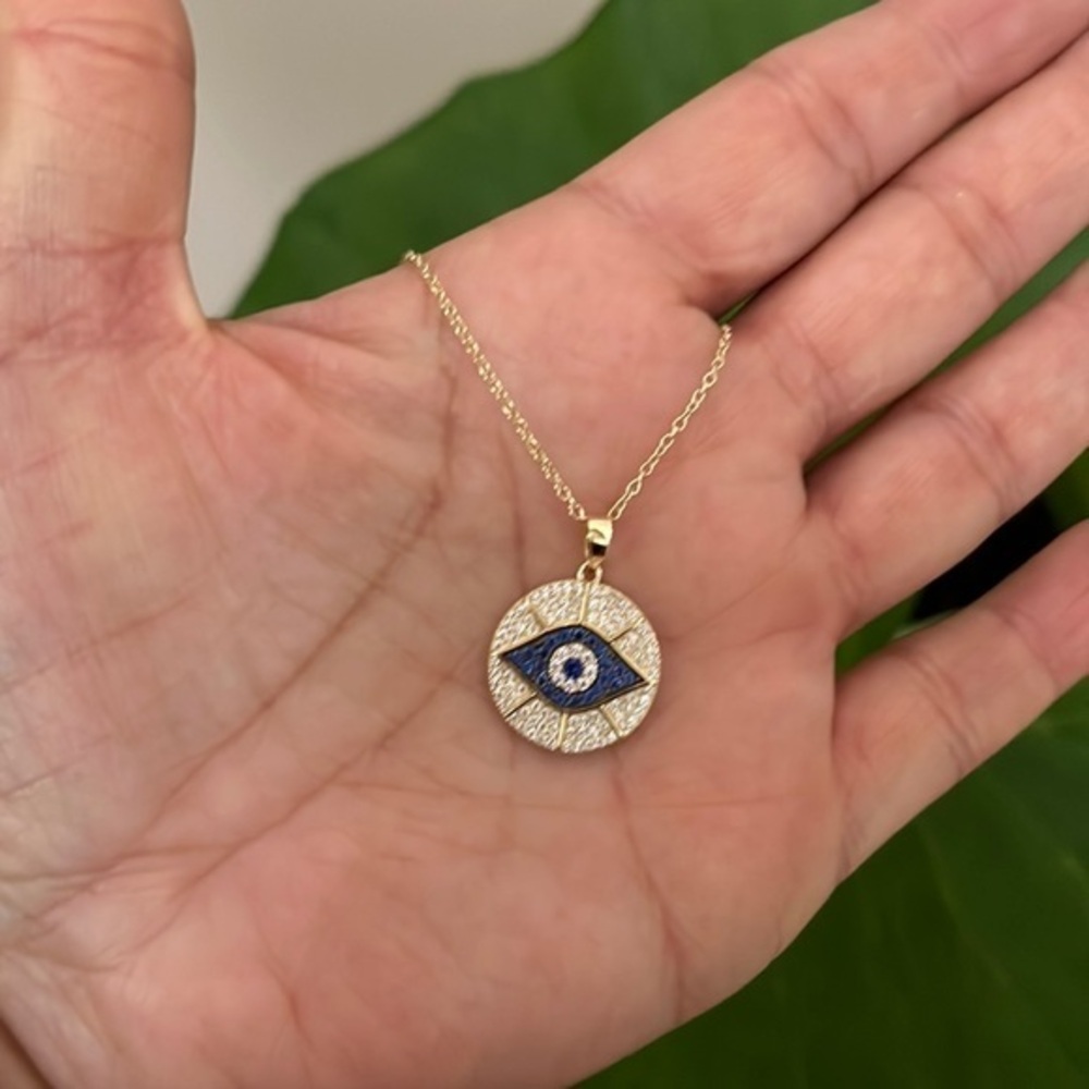 Gold plated over Sterling Silver Round CZ Blue Evil Eye Necklace 16” to 18” inch